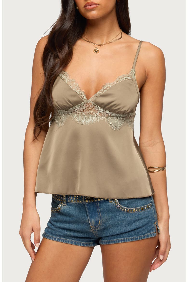 Lace Trim Satin Camisole, Main, color, OLIVE