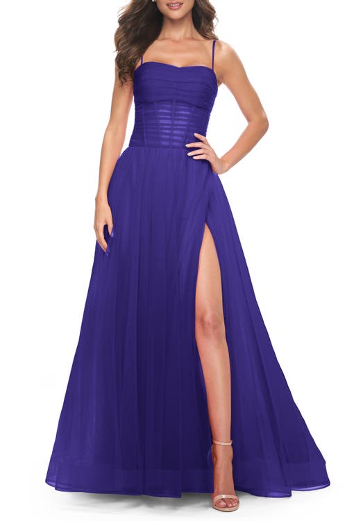 La Femme A-line Square Neck Tulle Ballgown With Illusion Waist