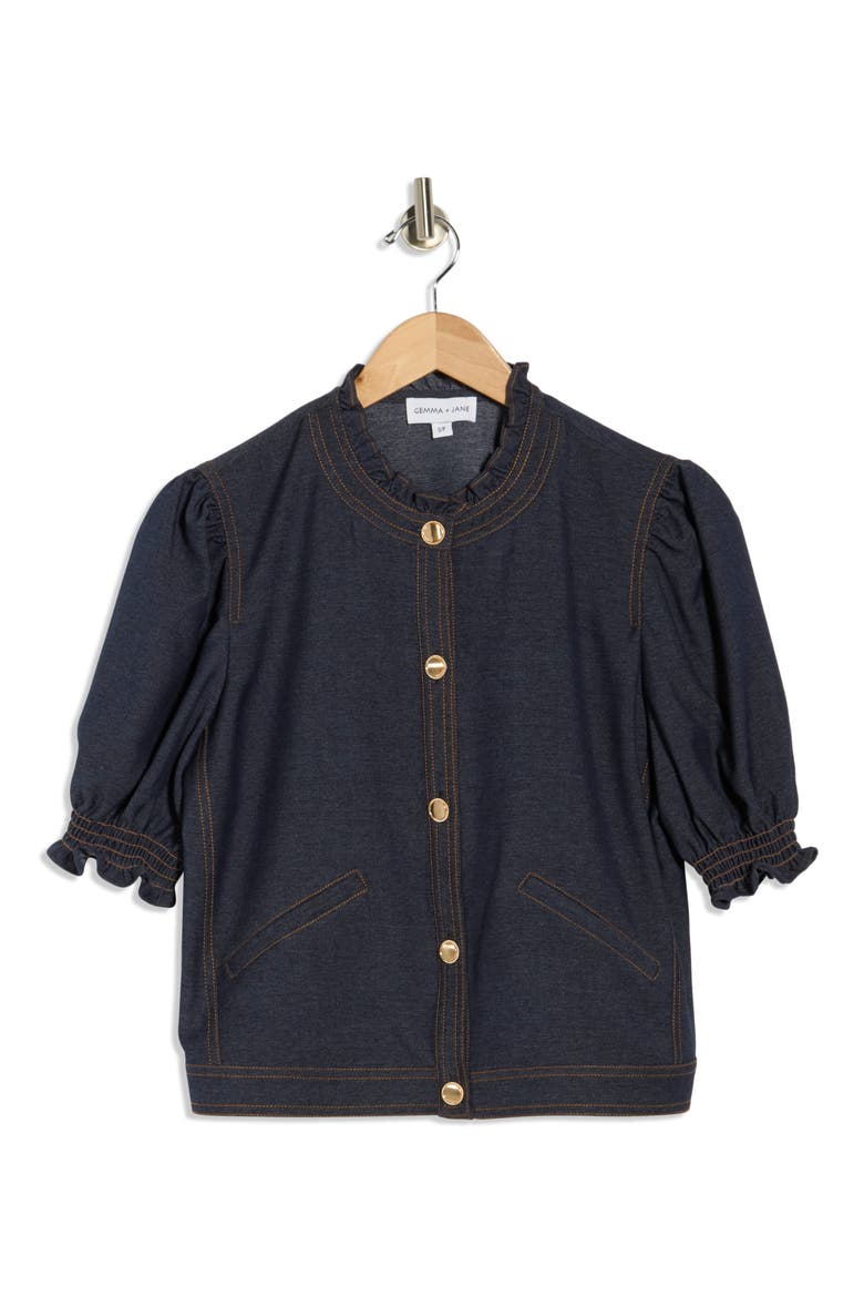 Ruffle Neck Puff Sleeve Top, Alternate, color, INDIGO BLUE