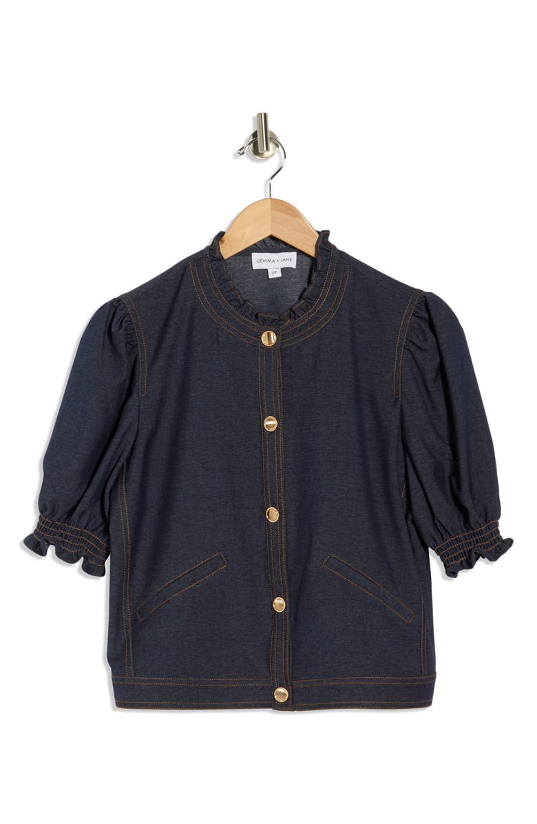 Gemma + Jane Ruffle Neck Puff Sleeve Top, Alternate, color, Indigo Blue