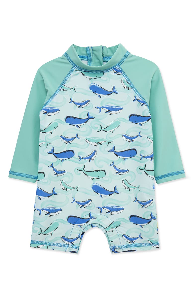 Little Me Whale One-Piece UPF 50+ Rashguard, Main, color, Green Multi