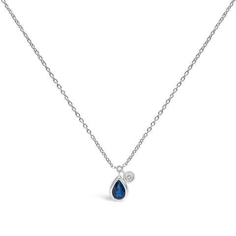 14K White Gold Pear Blue Sapphire and Diamond Charm Pendant Necklace