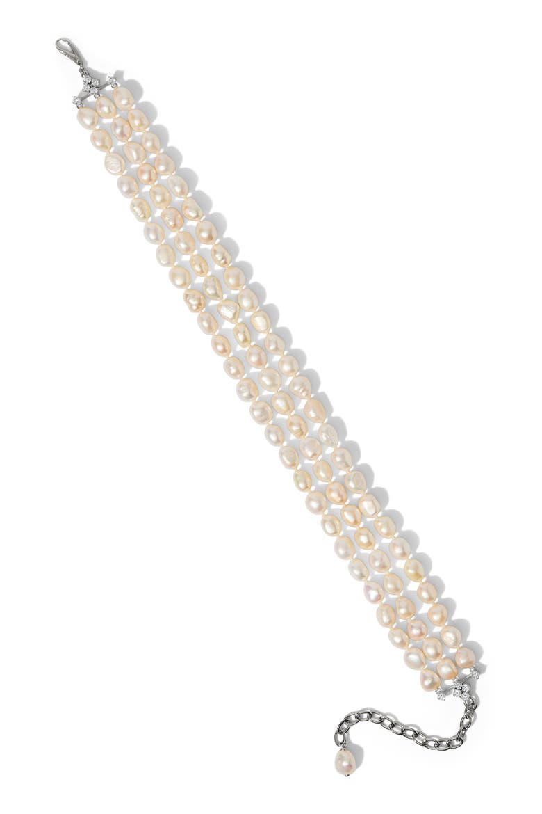 Madrid Triple Strand Cultured Pearl Choker Necklace, Alternate, color, RHODIUM