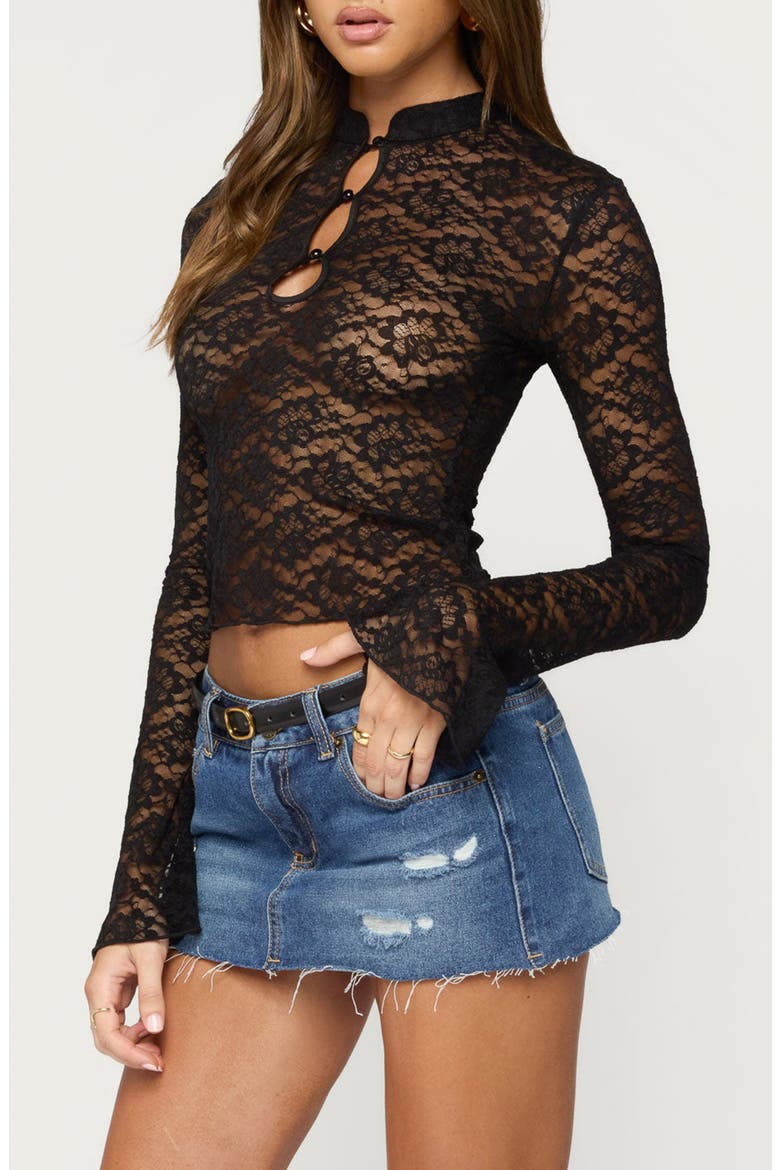 Faela Sheer Lace Bell Sleeve Top, Alternate, color, BLACK