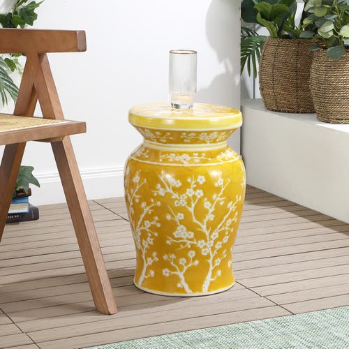 Jonathan Y Cherry Blossom 17.75" Ceramic Garden Stool In Yellow/white