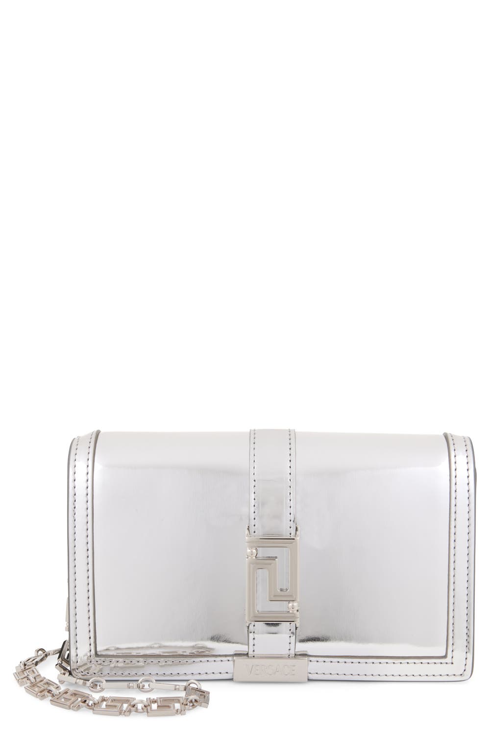 Greca Metallic Leather Wallet on a Chain, color, SILVER PALLADIUM