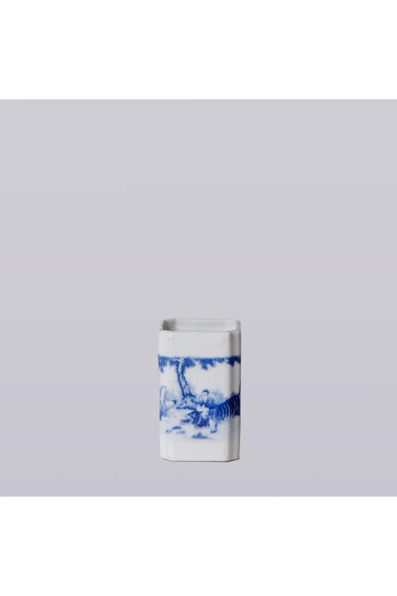 1920s Blue and White Porcelain Tiger Square Vase, Main, color, Blue and White