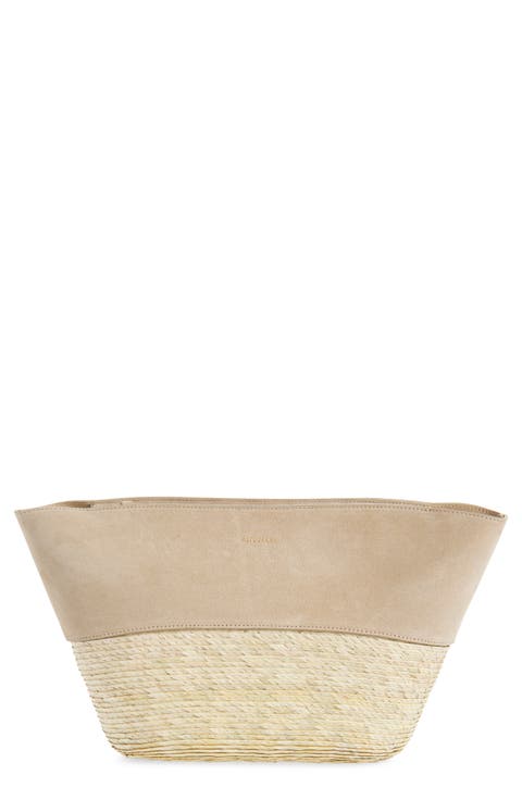 Suede & Palm Straw Basket Clutch