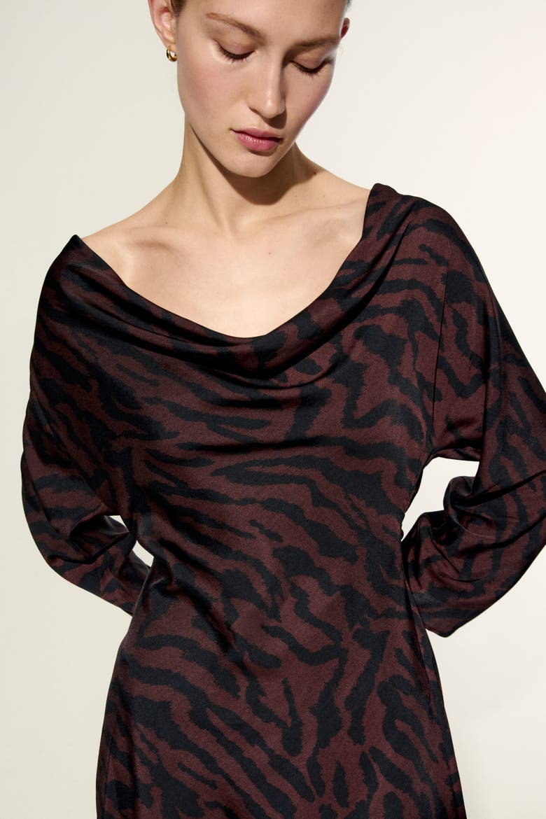 Flared-skirt Cowl-neck Dress, Alternate, color, Dark brown/zebra print