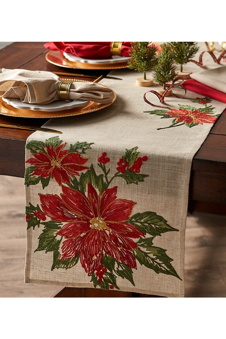 Poinsettia Holly Embroidered Table Runner, Alternate, color, Poinsettia Holly