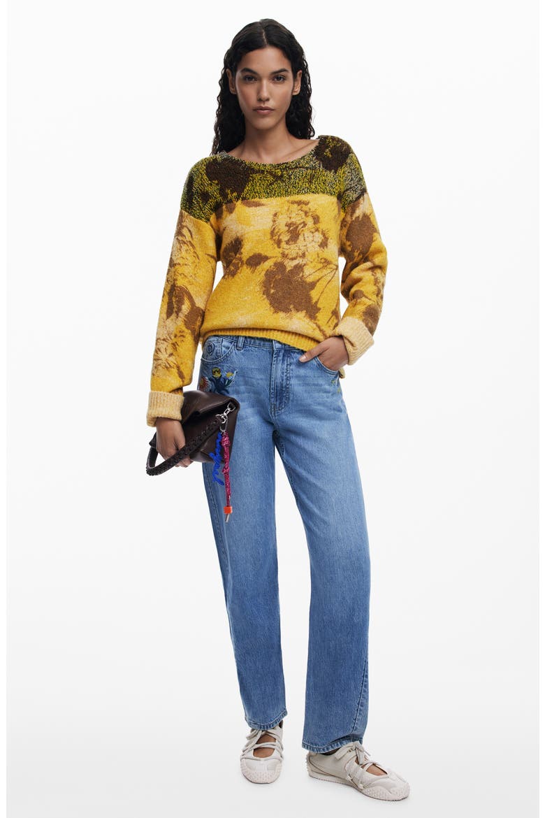 Embroidered Straight Leg Jeans, Alternate, color, MEDIUM BLUE