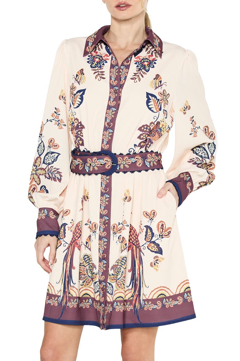 Khyrie Print Belted Long Sleeve Shirtdress, Alternate, color, TAUPE MULTI