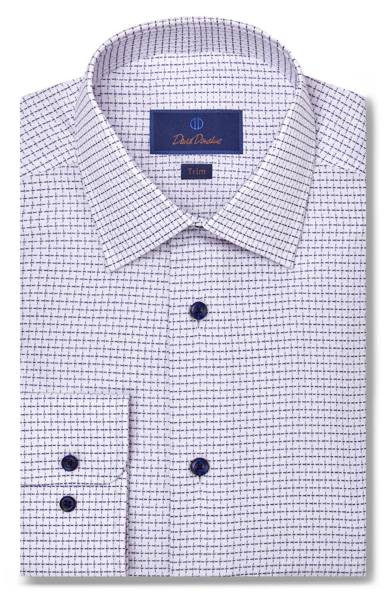 David Donahue Trim Fit Dobby Dot Cotton Dress Shirt, Main, color, White/ Navy