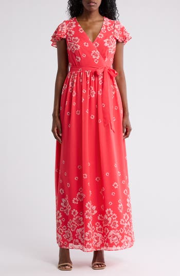 ELIZA J ELIZA J FLORAL FLUTTER SLEEVE FAUX WRAP MAXI DRESS