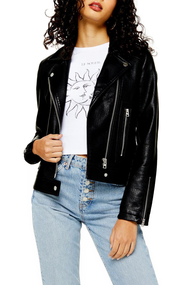 Topshop Teddy Faux Leather Biker Jacket, Main, color,
