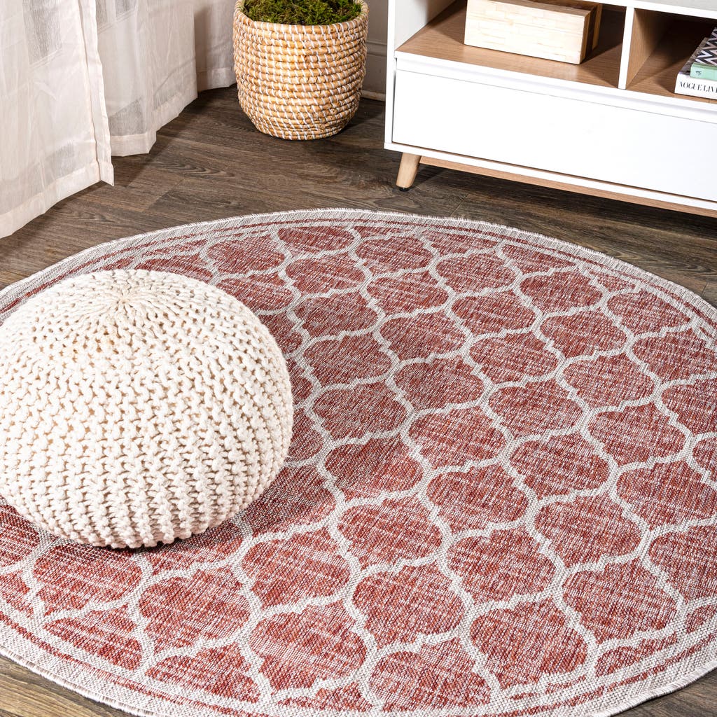 Jonathan Y Trebol Moroccan Trellis Textured Weave Indoor/outdoor Round Area Rug In Red/beige