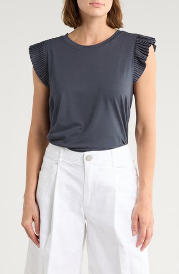 Democracy Mix Media Plissé Sleeve T-shirt In Black