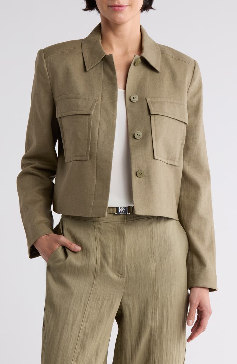 DONNA KARAN Utility Linen Blend Crop Jacket, Main, color, Utility Green