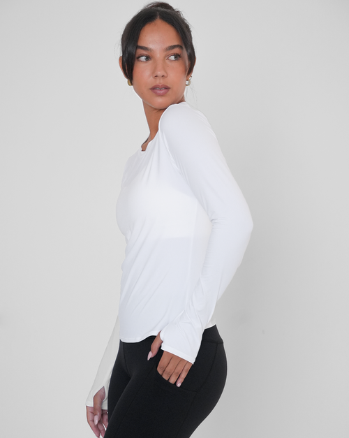Rebody Active Raya Mid Length Compression Nylon Long Sleeve Top In White