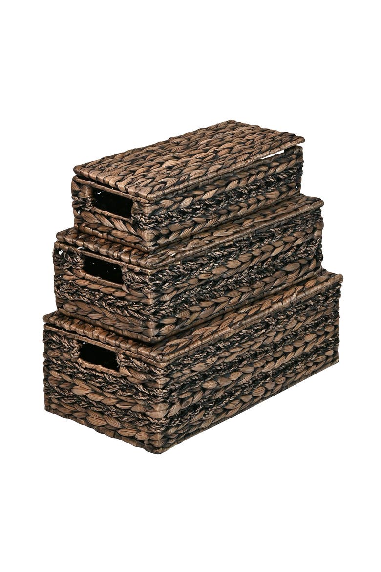 Sandrine Classic Farmhouse Hand-Woven Hyacinth Storage Baskets with Handles and Lids, Alternate, color, Brown