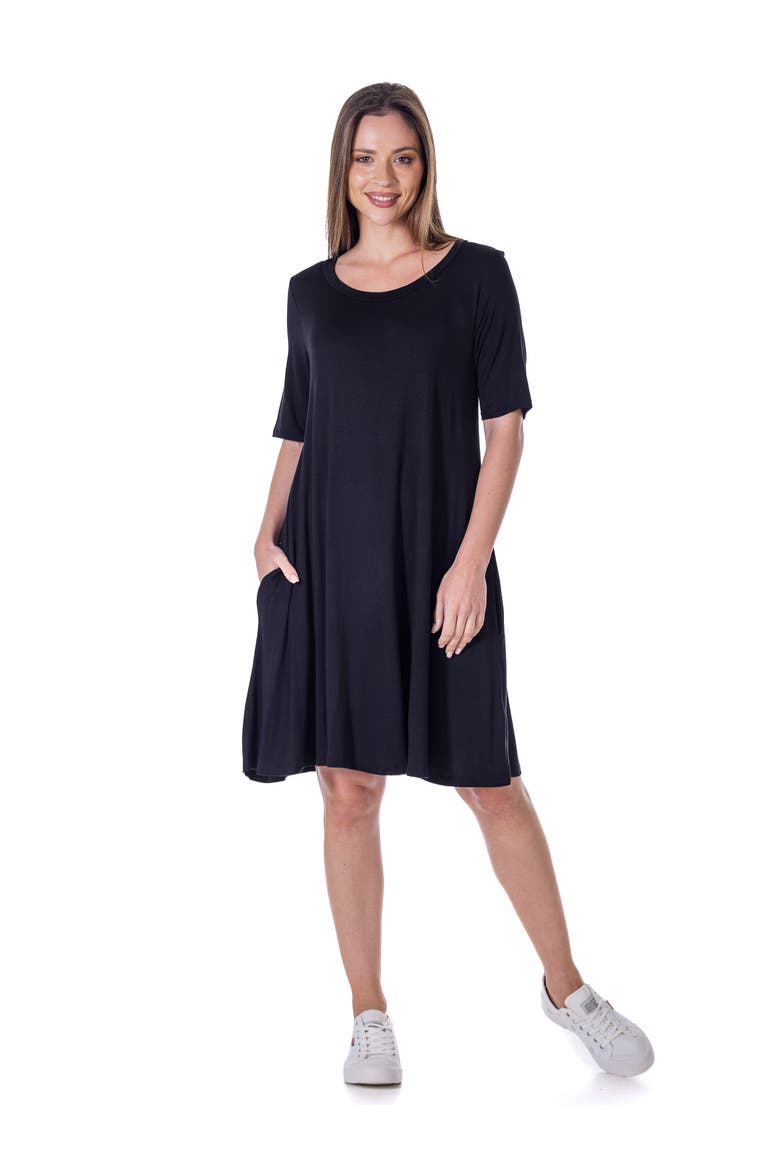 Scoop Neck Elbow Sleeve Knee Legth Dress, Main, color, Black