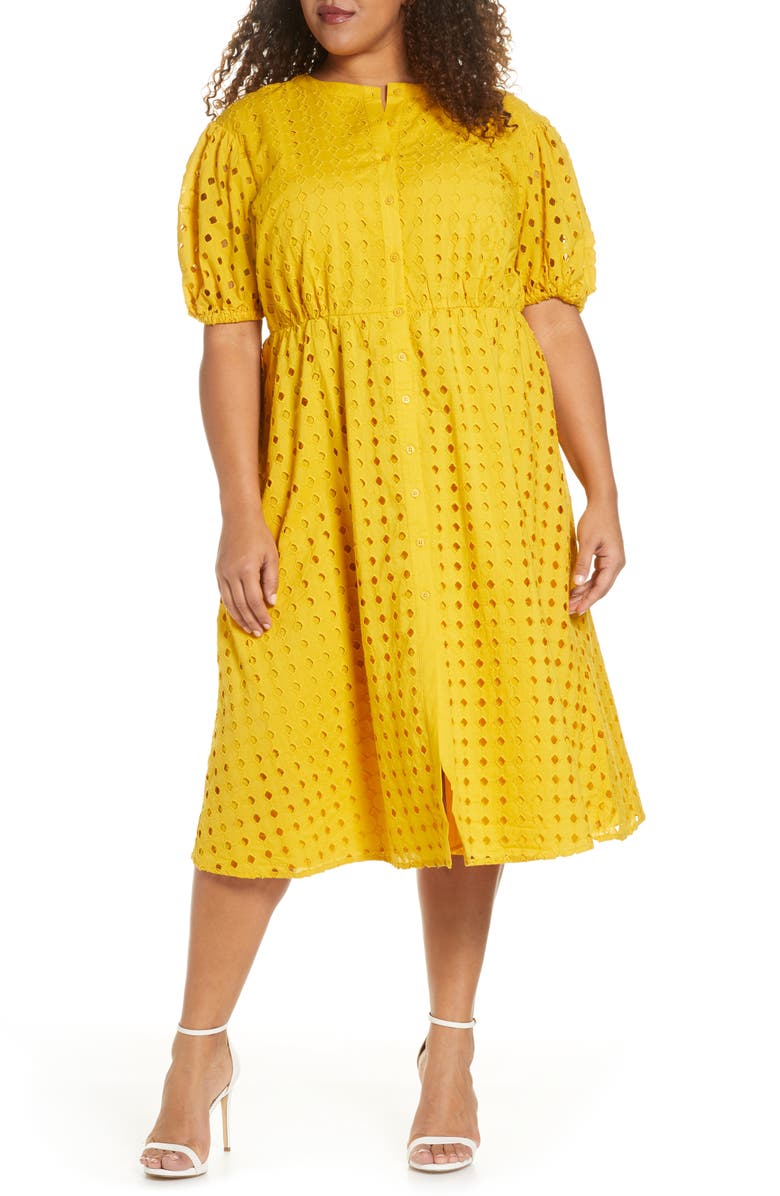 ELOQUII Puff Sleeve Eyelet Midi Dress, Main, color,