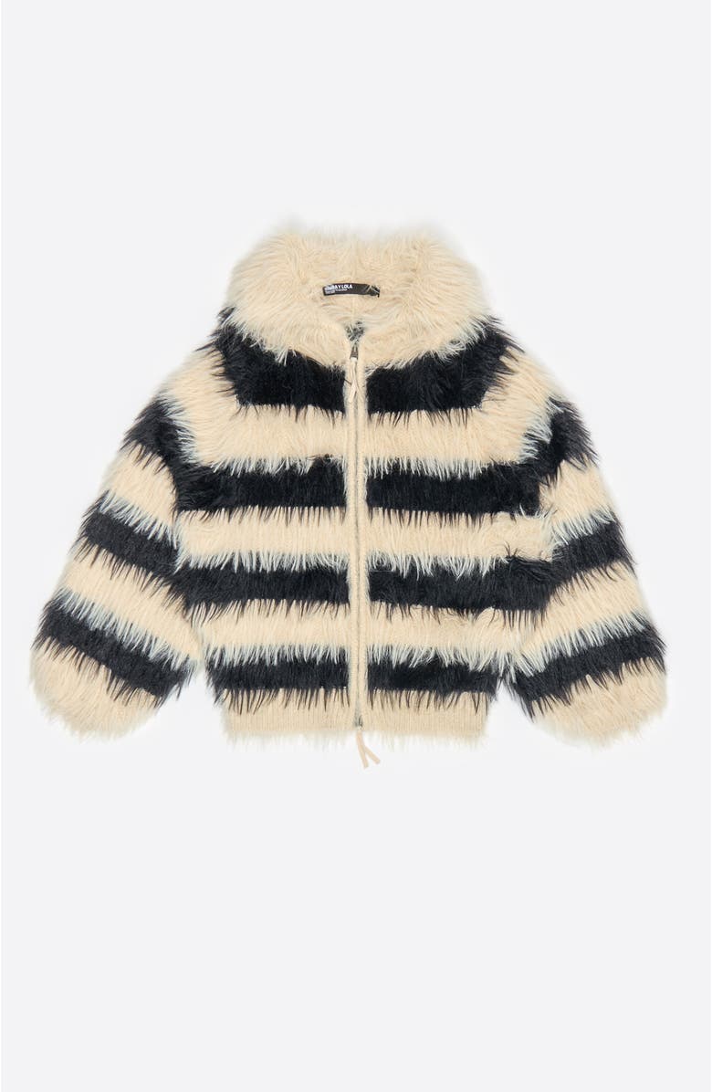 Bimba y Lola Oversize Striped Fur Cardigan, Main, color, Black