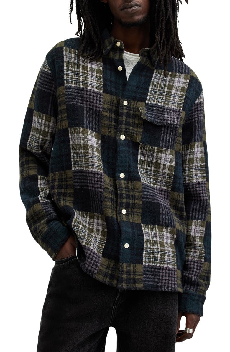 AllSaints Hopton Plaid Cotton Button-Up Shirt Jacket, Main, color, Khaki Green