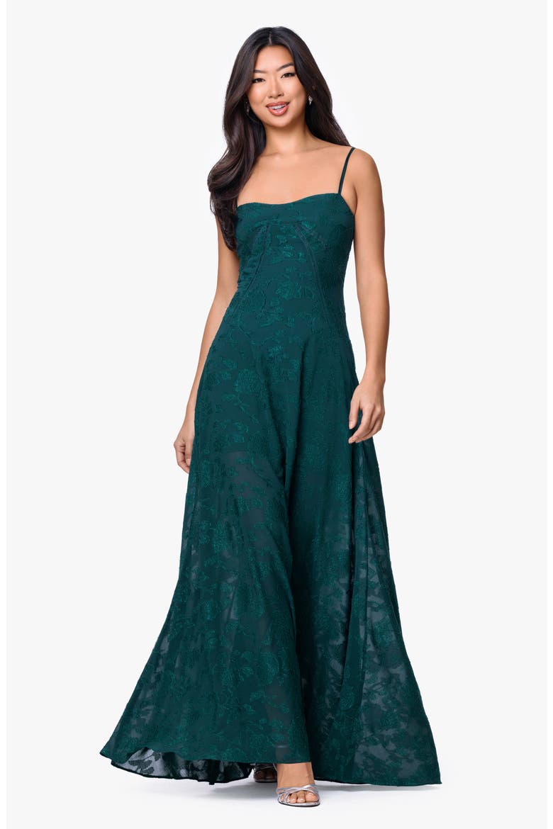 Floral Jacquard Chiffon Gown, Alternate, color, PINE