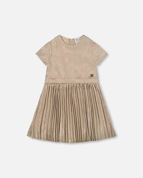 Deux Par Deux Short Sleeve Dress With Pleated Skirt In Neutral