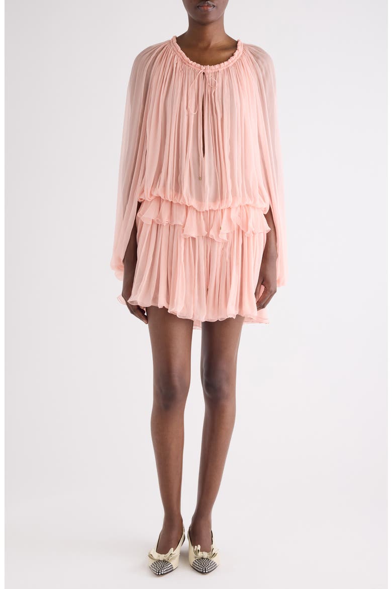 Long Sleeve Organic Silk Muslin Cape Minidress, Main, color, TAN ROSE