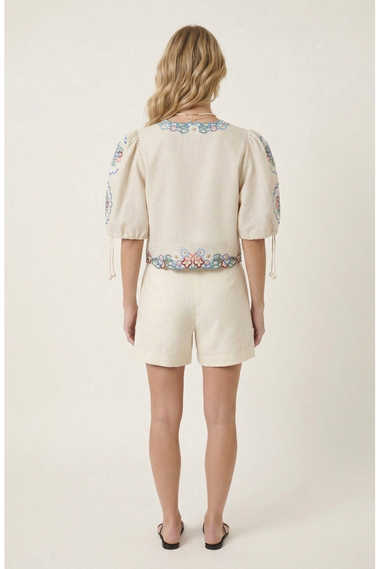 Floral Embroidered Tie Front Cropped Top, Alternate, color, Ecru
