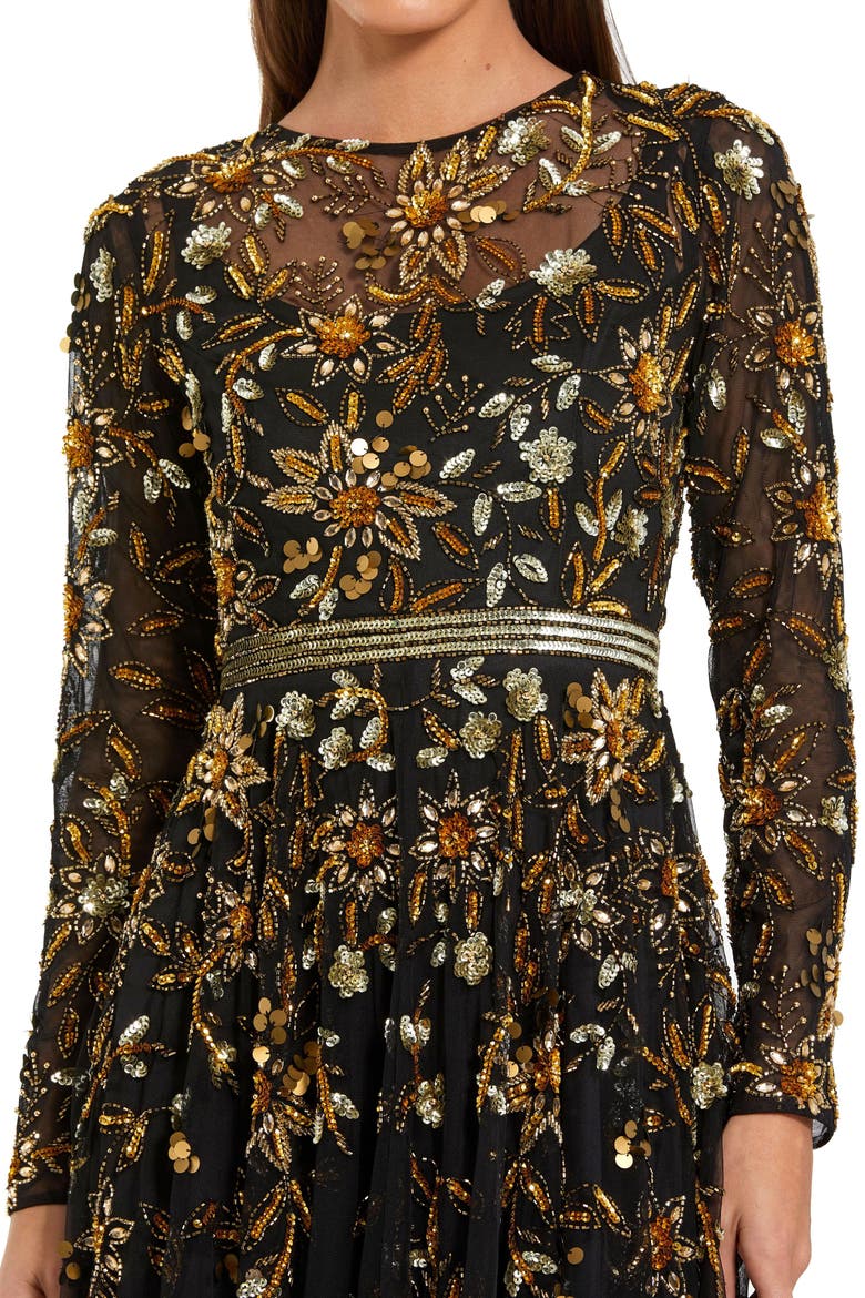 High Neck Long Sleeve Jersey And Brocade Ballgown, Alternate, color, Black Gold