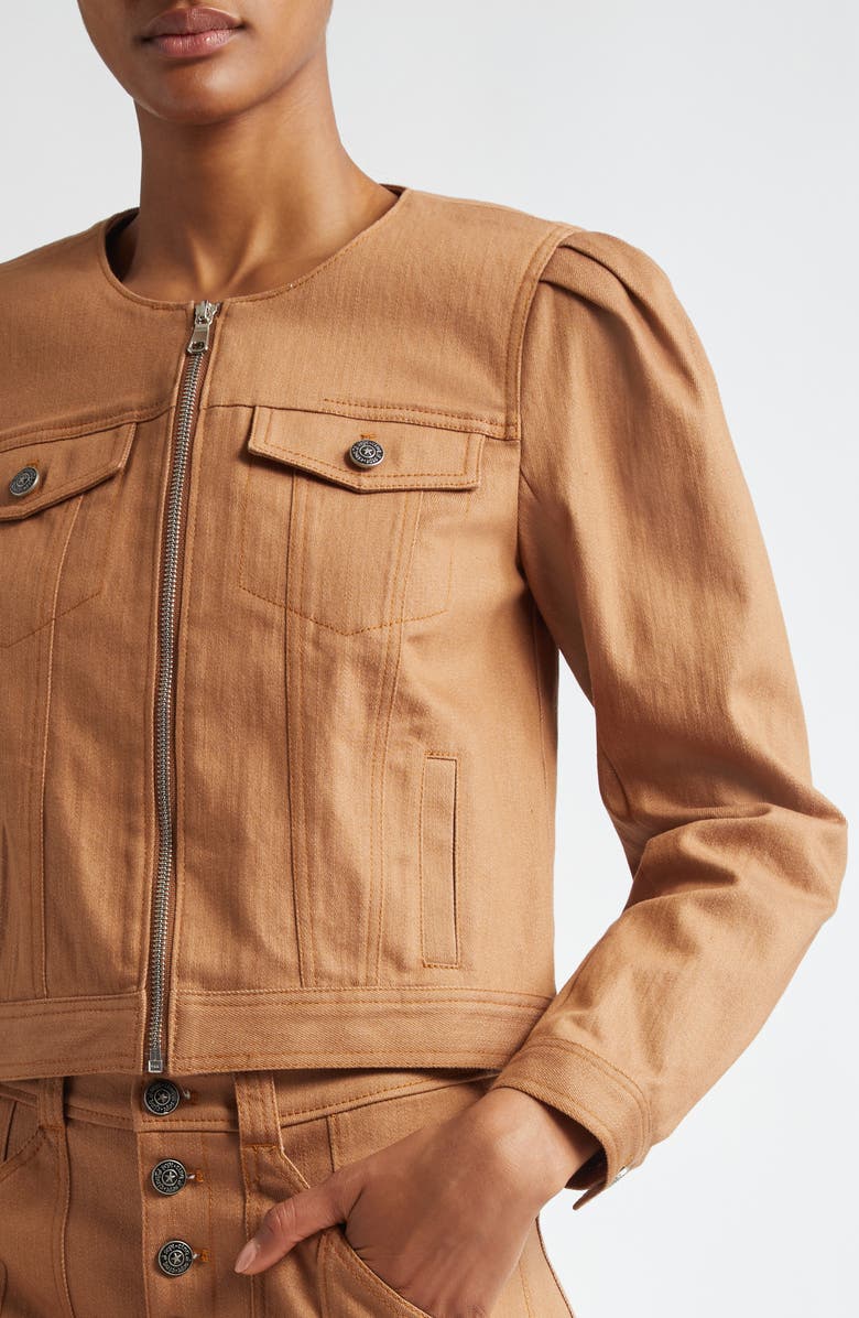 Cinq à Sept Dalia Collarless Denim Trucker Jacket, Alternate, color, Cocoa