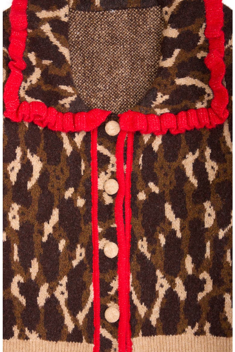 Ruffle Collar Leopard Cardigan, Alternate, color, BROWN
