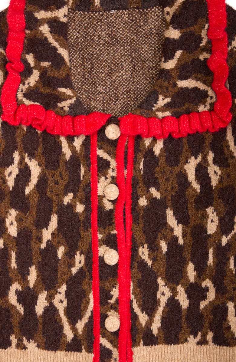 SAACHI Ruffle Collar Leopard Cardigan, Alternate, color, Brown