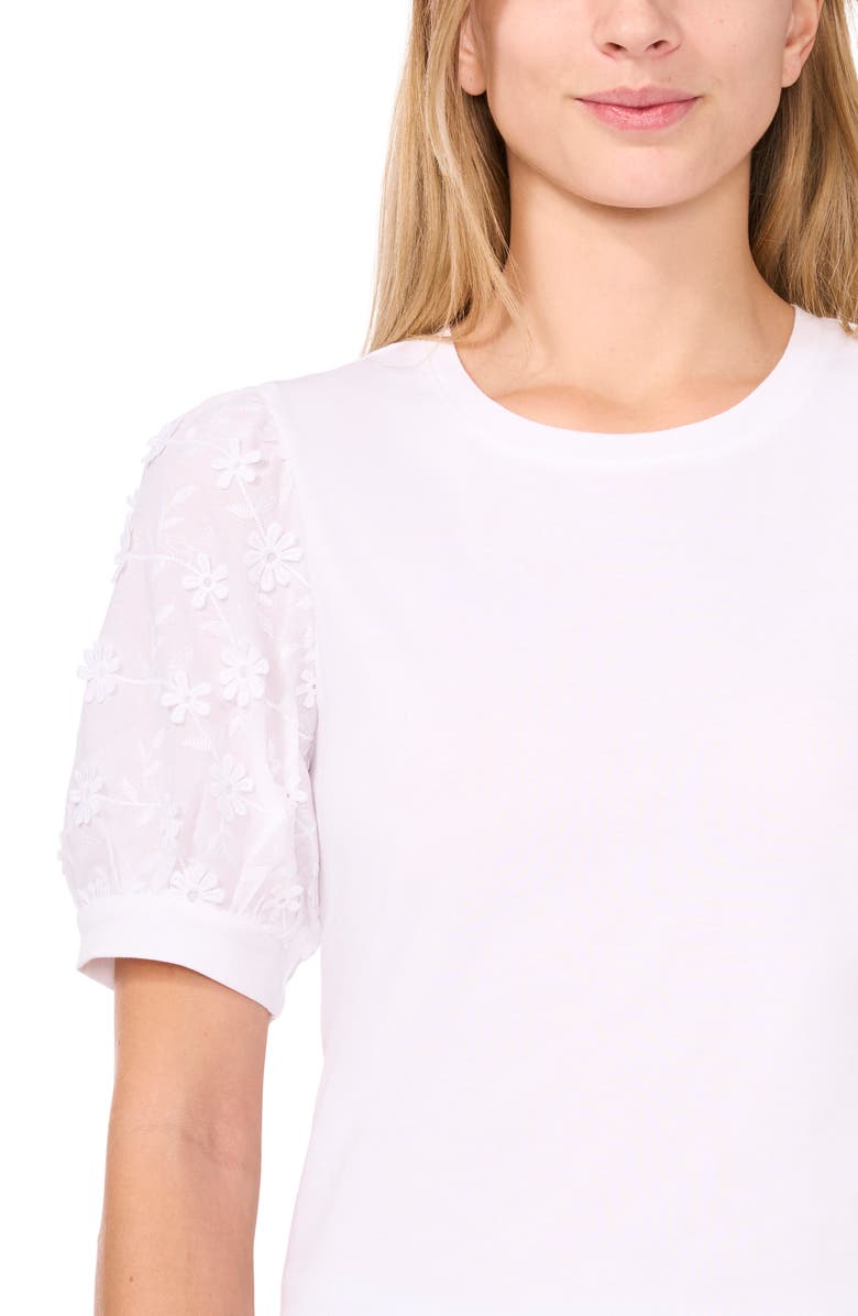 CeCe Floral Appliqué Sleeve Mixed Media Top, Alternate, color, New Ivory