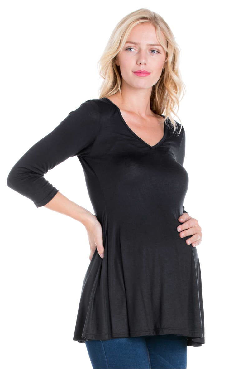 24seven Comfort Apparel Three Quarter Sleeve V-neck Maternity Tunic Top, Alternate, color, Black