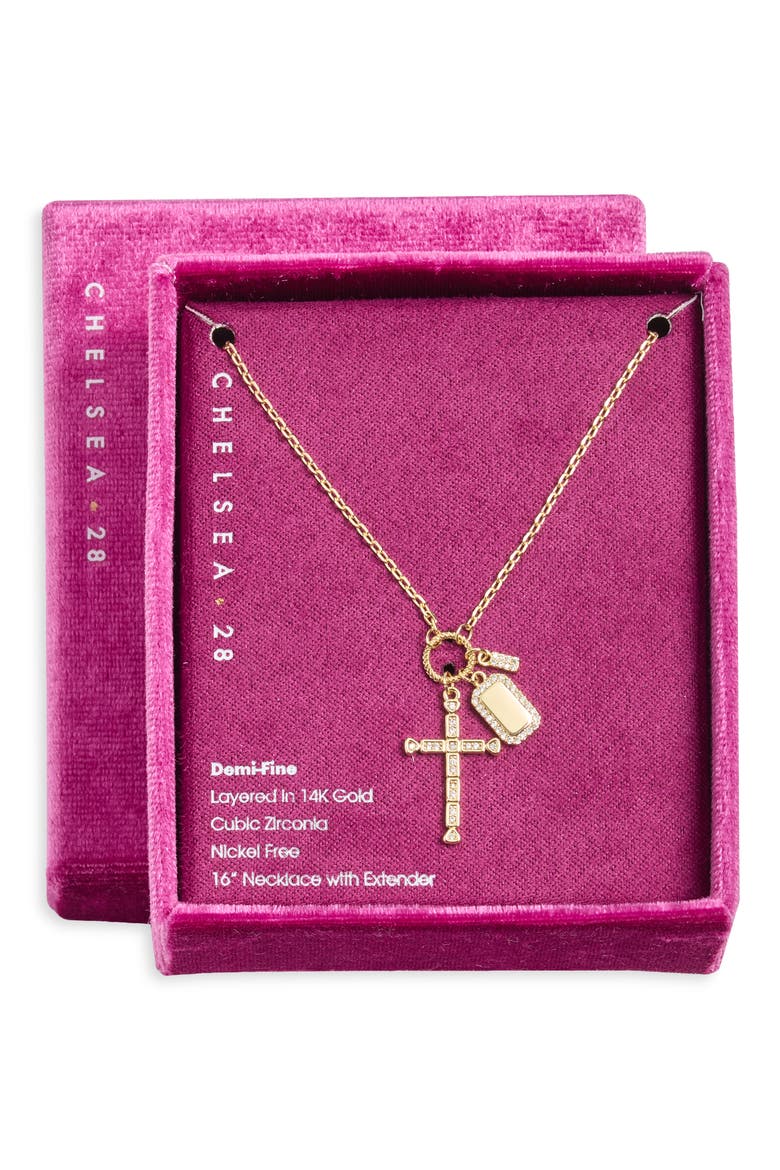 Gift Boxed Cubic Zirconia Cross Pendant Necklace, Main, color, CLEAR- GOLD