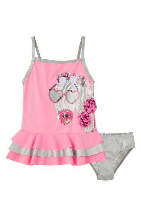 Zebra Appliqué Two-Piece Swimsuit (Toddler Girl & Little Girl)