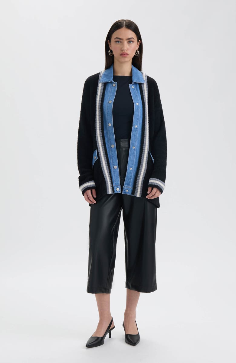 NVLT Denim Trim Varsity Cardigan, Alternate, color, Black