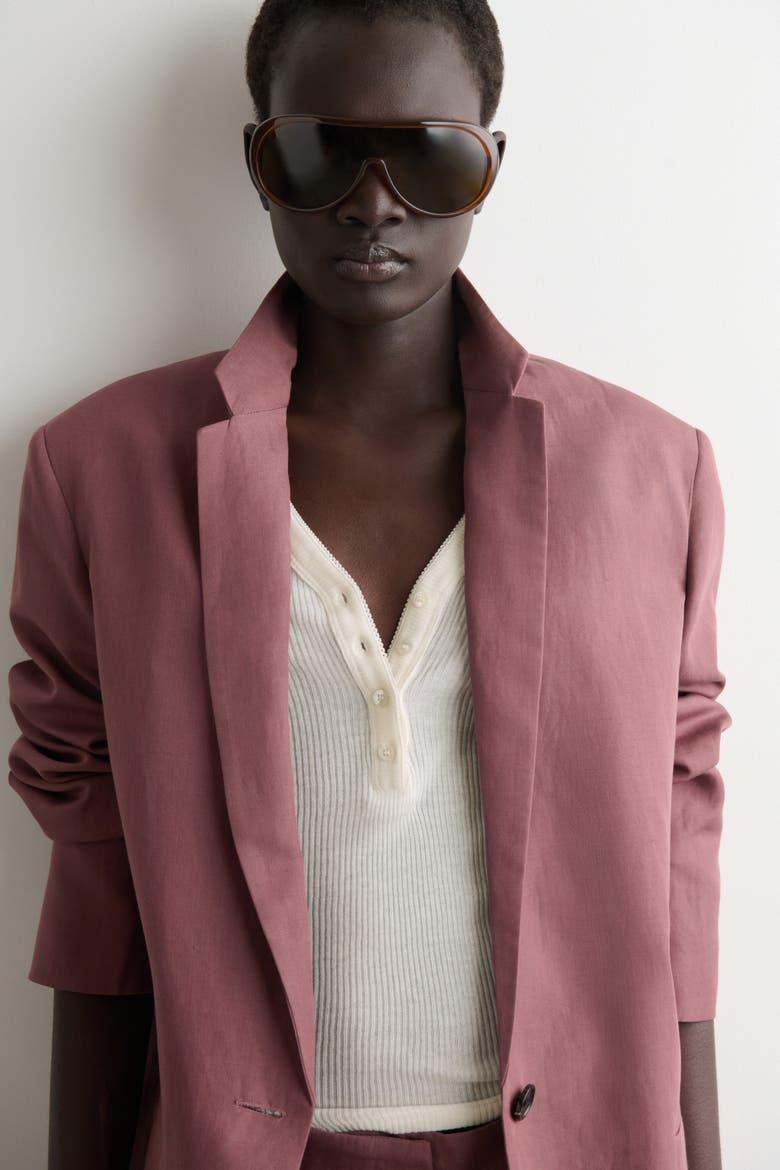 Linen-Blend Single-Breasted Blazer, Alternate, color, BROWN