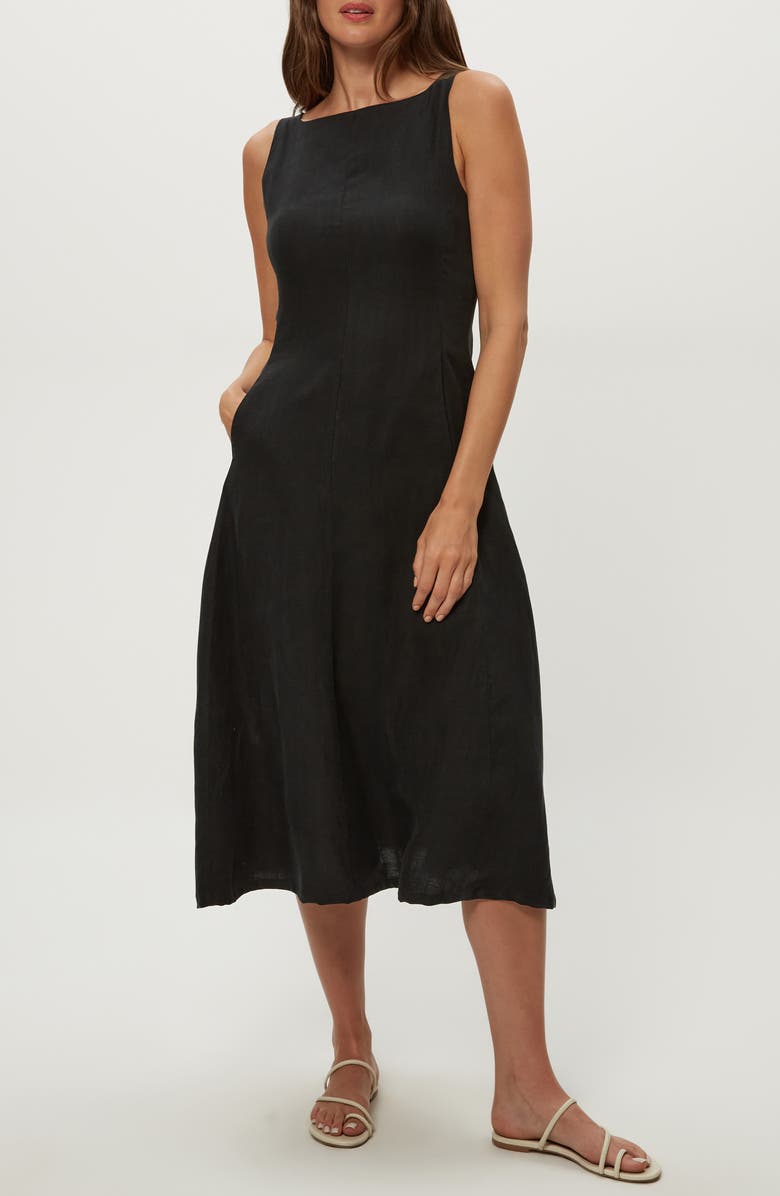 Michael Stars Palmira Fit & Flare Linen Blend Midi Dress, Alternate, color, Black