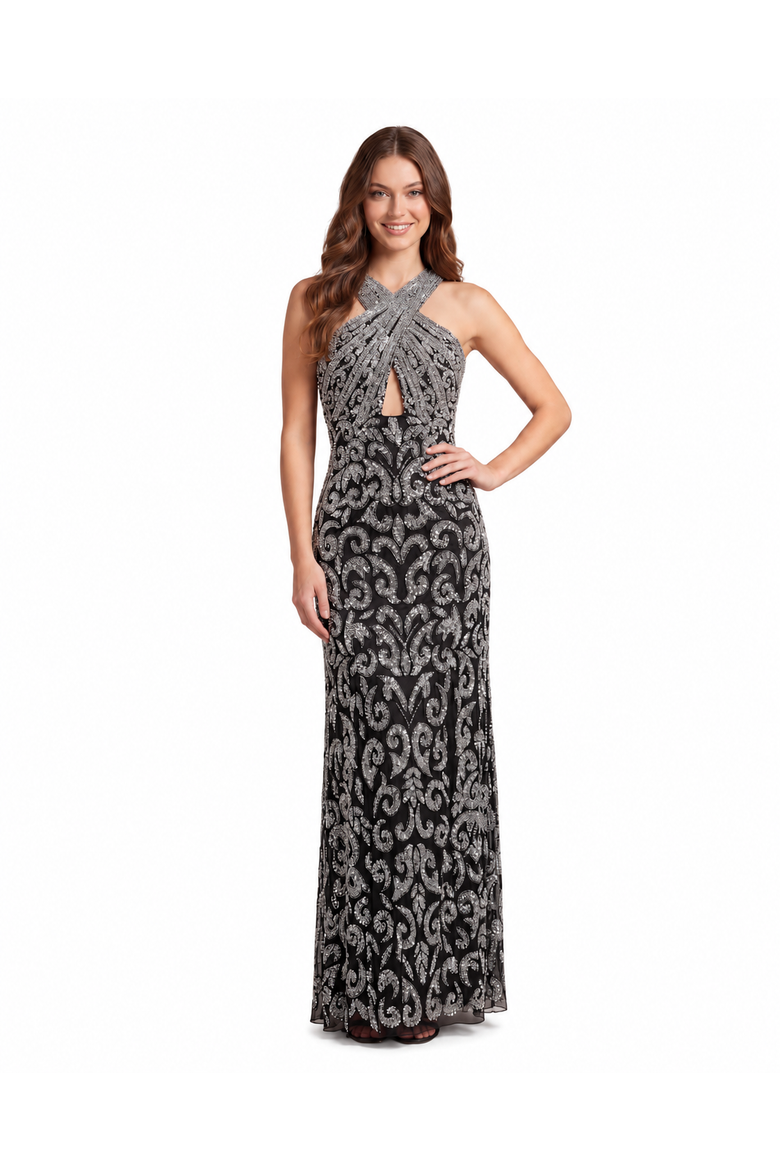 Beaded Cross Halter Dress, Alternate, color, Black/Silver