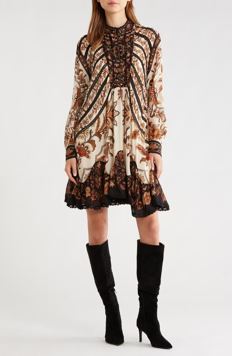 FARM Rio Majestic Garden Long Sleeve Lace Insets Trapeze Dress, Main, color, Sand