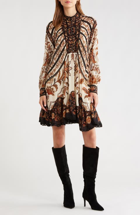 Majestic Garden Long Sleeve Lace Insets Trapeze Dress