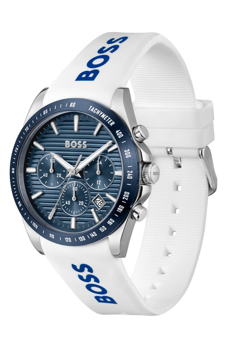 BOSS Strike Chronograph Silicone Strap Watch, 41mm, Alternate, color, Blue