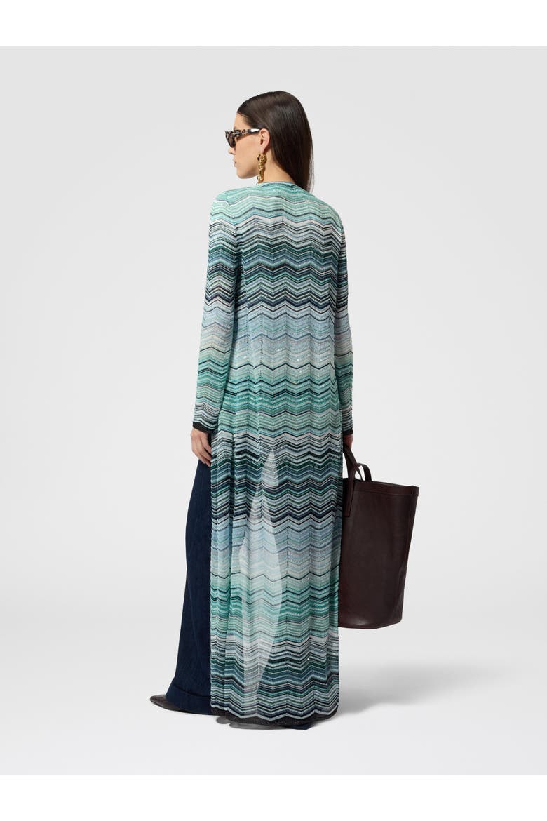 Long Cardigan With Chevron Motif And Sequins, Alternate, color, Turquoise