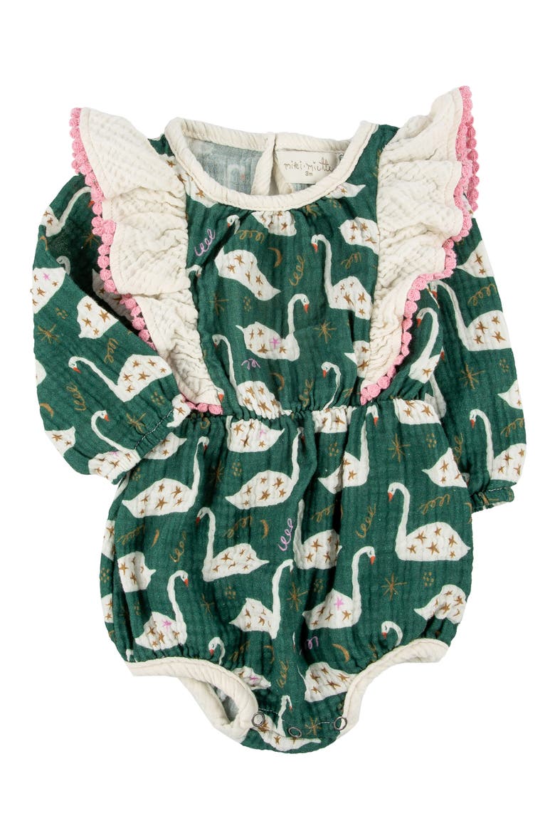Ingrid Print Ruffle Accent Cotton Bubble Romper, Main, color, SWAN LAKE