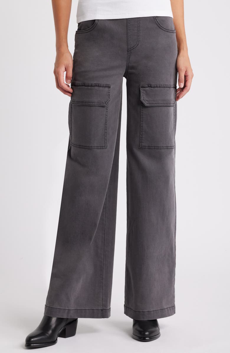 Hue Wide Leg Denim Pull-On Cargo Pants, Main, color, Charcoal Wash
